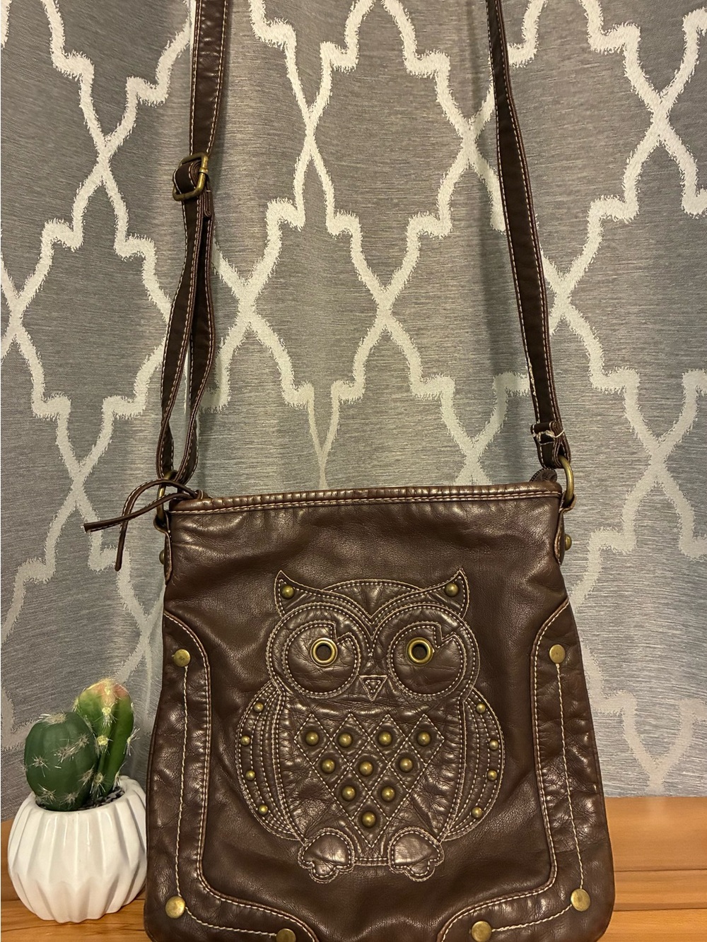 Women's Brown Owl-Embossed Faux Leather Crossbody Bag